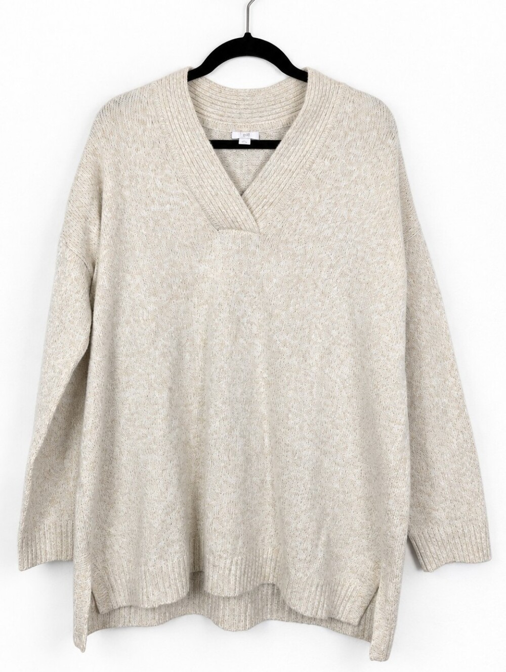 J.Jill L Oatmeal Marled Knit Oversized V Neck Sweater Coastal Minimalist Cozy
